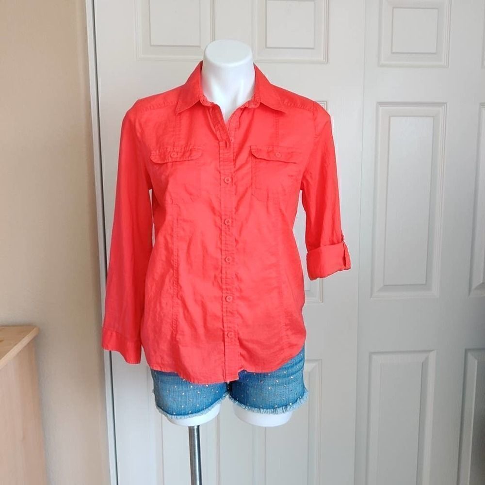Chico's tomato red button front cotton shirt sz PS